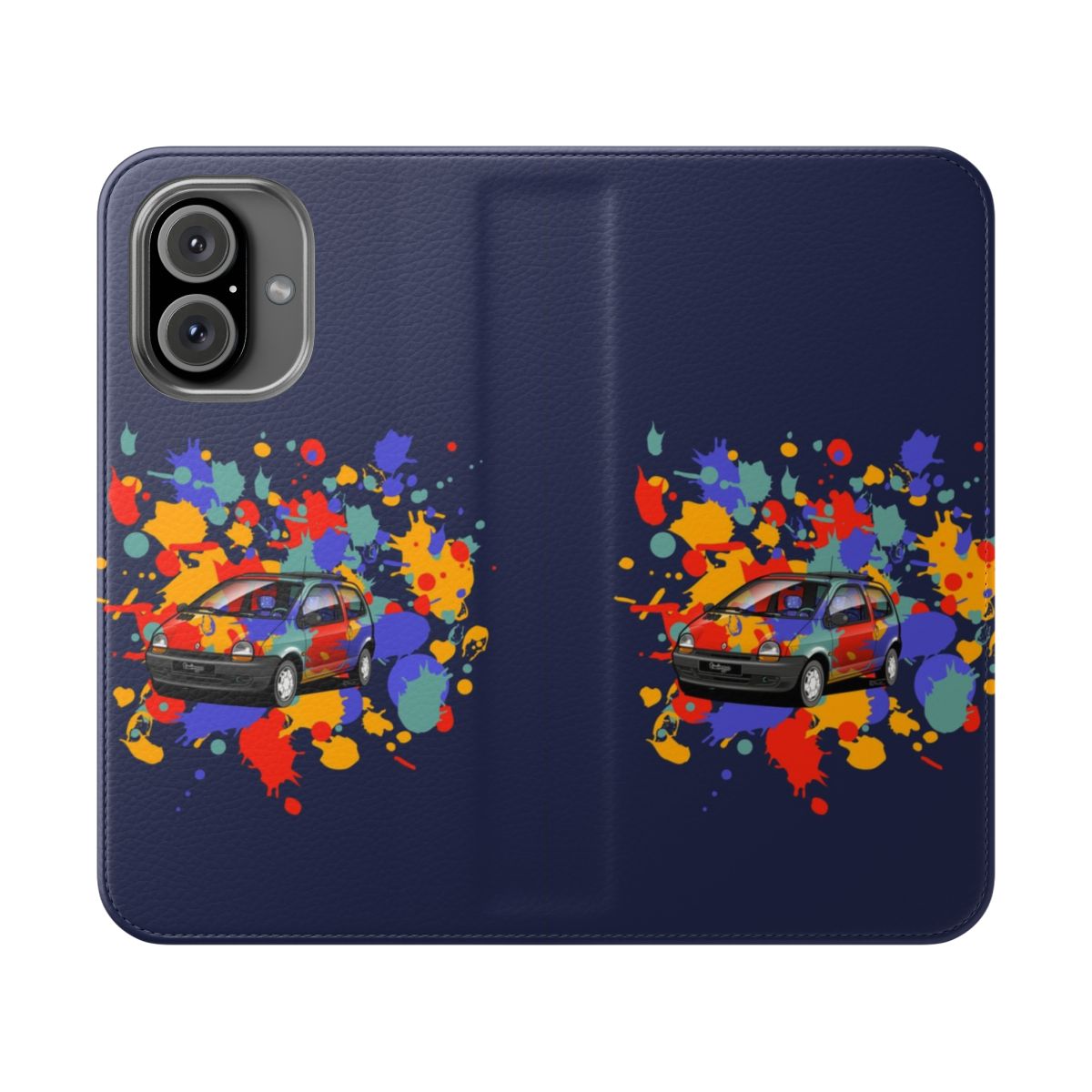 Flip phone case featuring a stylized design of the 1993 Renault Twingo, a classic French small car.