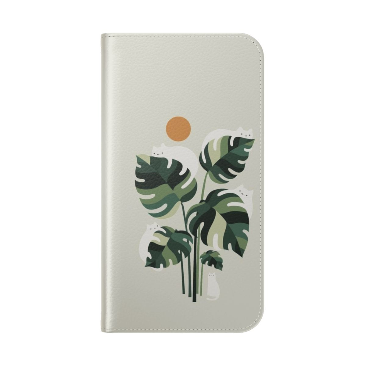 Image of a cat and monstera plant printed on a flip phone case - Folded Back