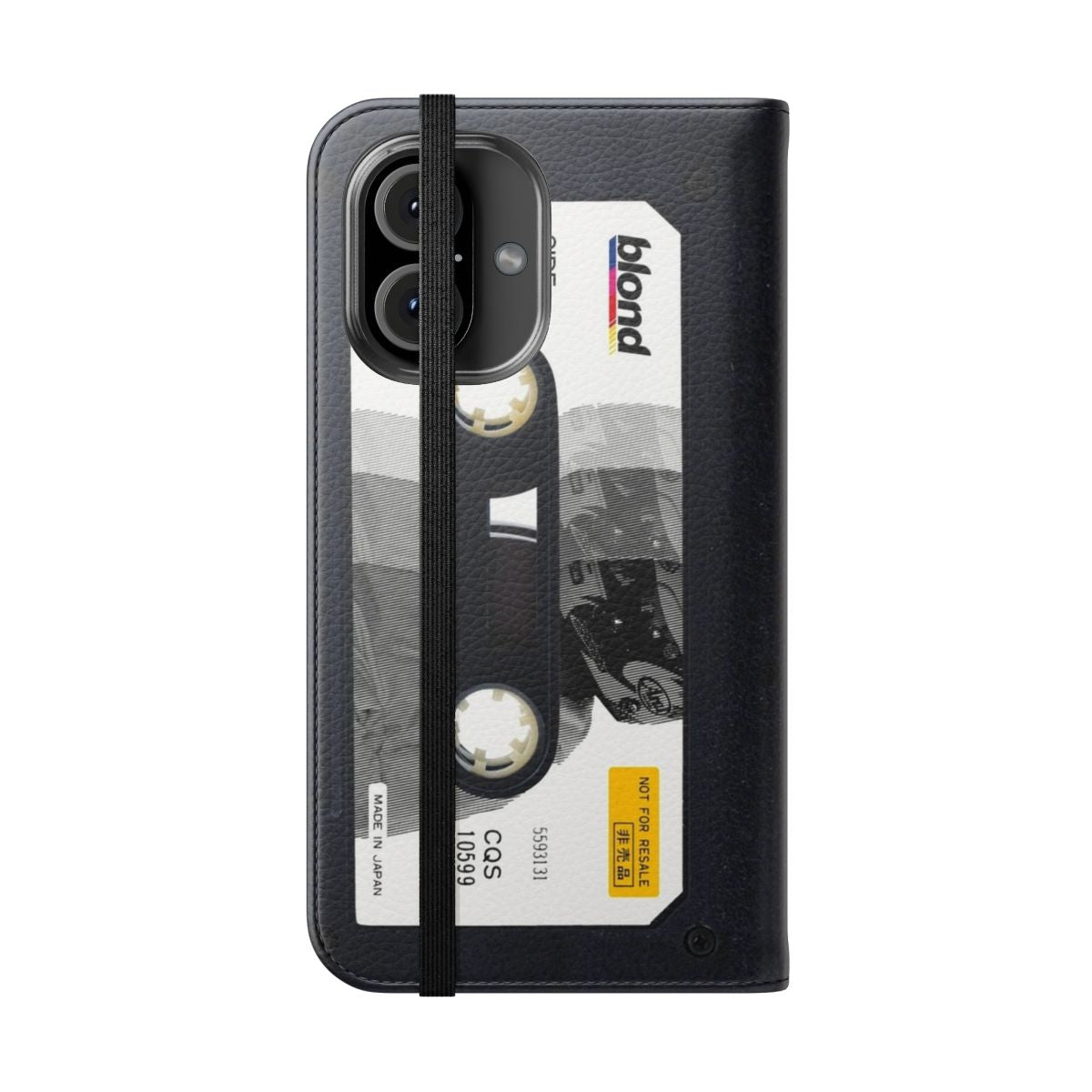 Vintage-style flip cover phone case featuring a retro cassette tape design inspired by Frank Ocean's album "Blonde" - Folded Front