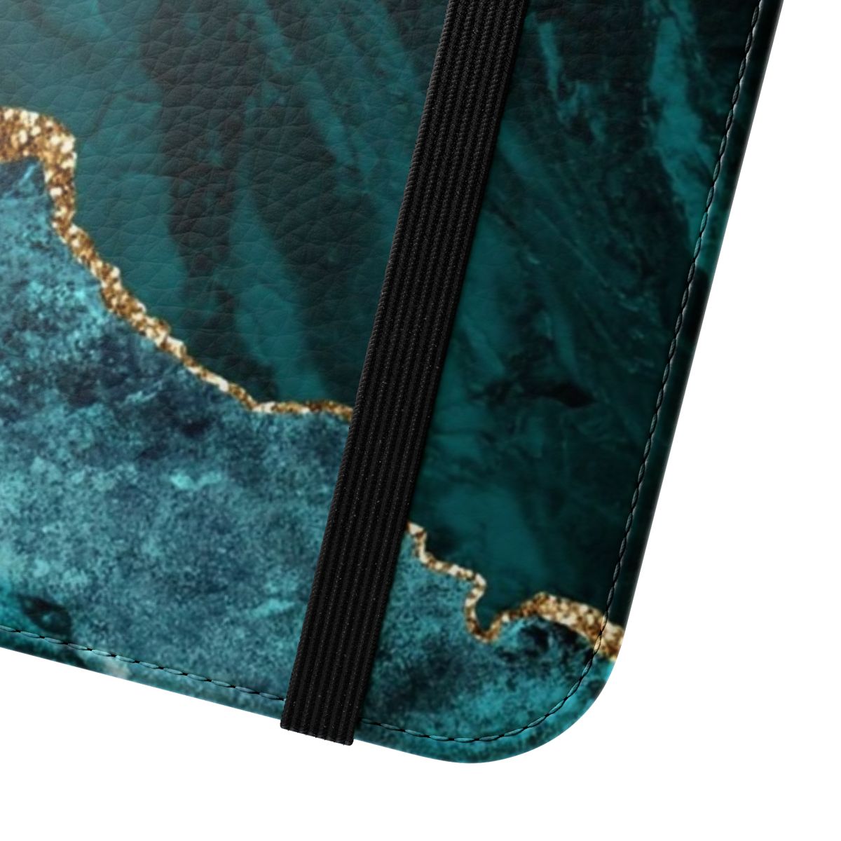 A blue and teal marble-patterned flip phone case with a sleek, minimalist design. - Close Up