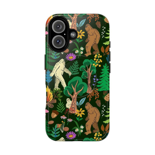 Magnetic tough phone cases with a design featuring forest creatures like bigfoot, sasquatch, and yeti