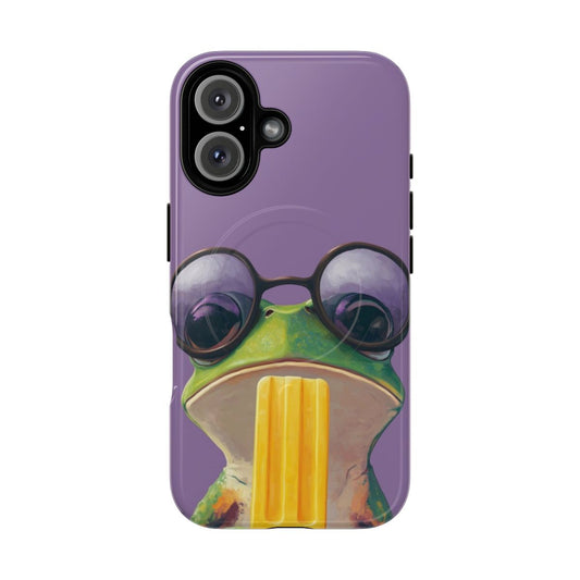 Colorful phone case featuring a cartoon frog with oversized glasses and a yellow popsicle against a vibrant purple background.