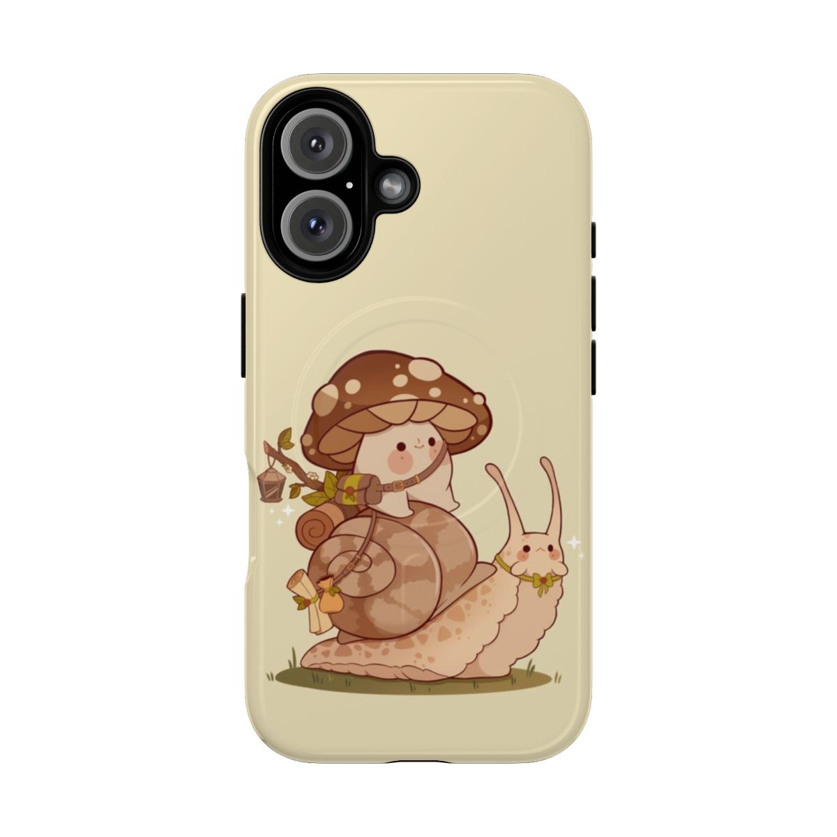 A whimsical phone case featuring a cute mushroom and snail in a fantasy, cottagecore-inspired design.