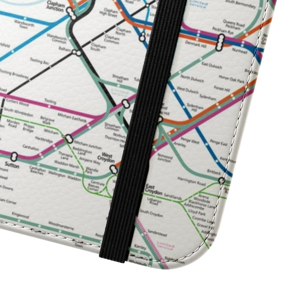 London city public transit map phone case featuring the underground, overground, and Elizabeth line routes. - Close Up