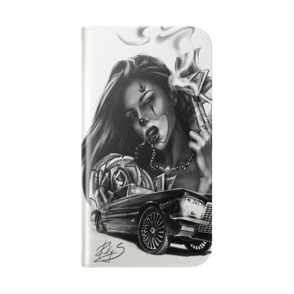 Chicano style flip cover phone case with skull and tattoo designs - Folded Back