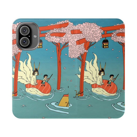 Flip cover phone case featuring anime-inspired design with Japanese scenery elements like Tokyo Tower, cherry blossoms, and kitsune fox.