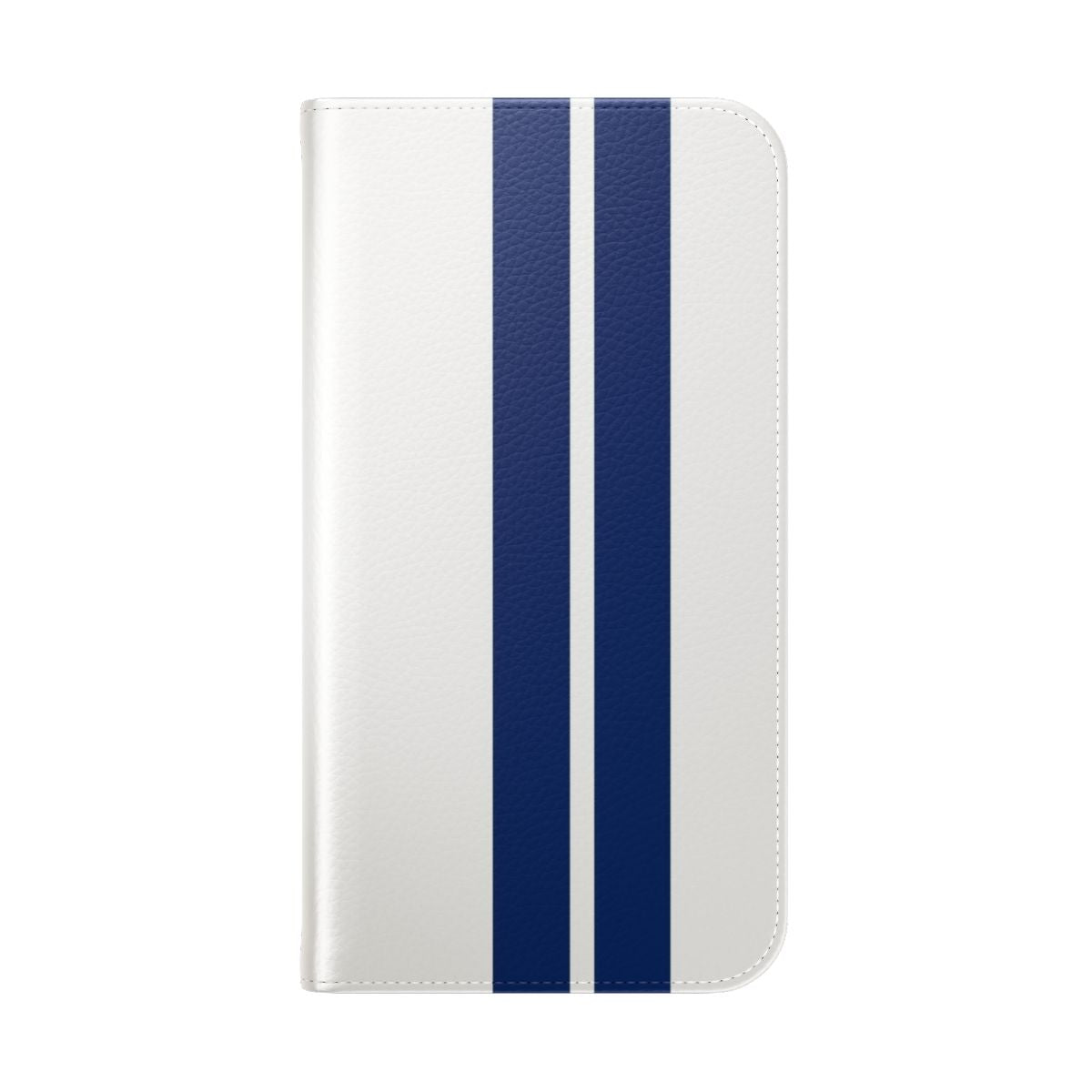 Blue and white racing stripes pattern on a flip cover phone case, perfect for muscle car fans. - Folded Back