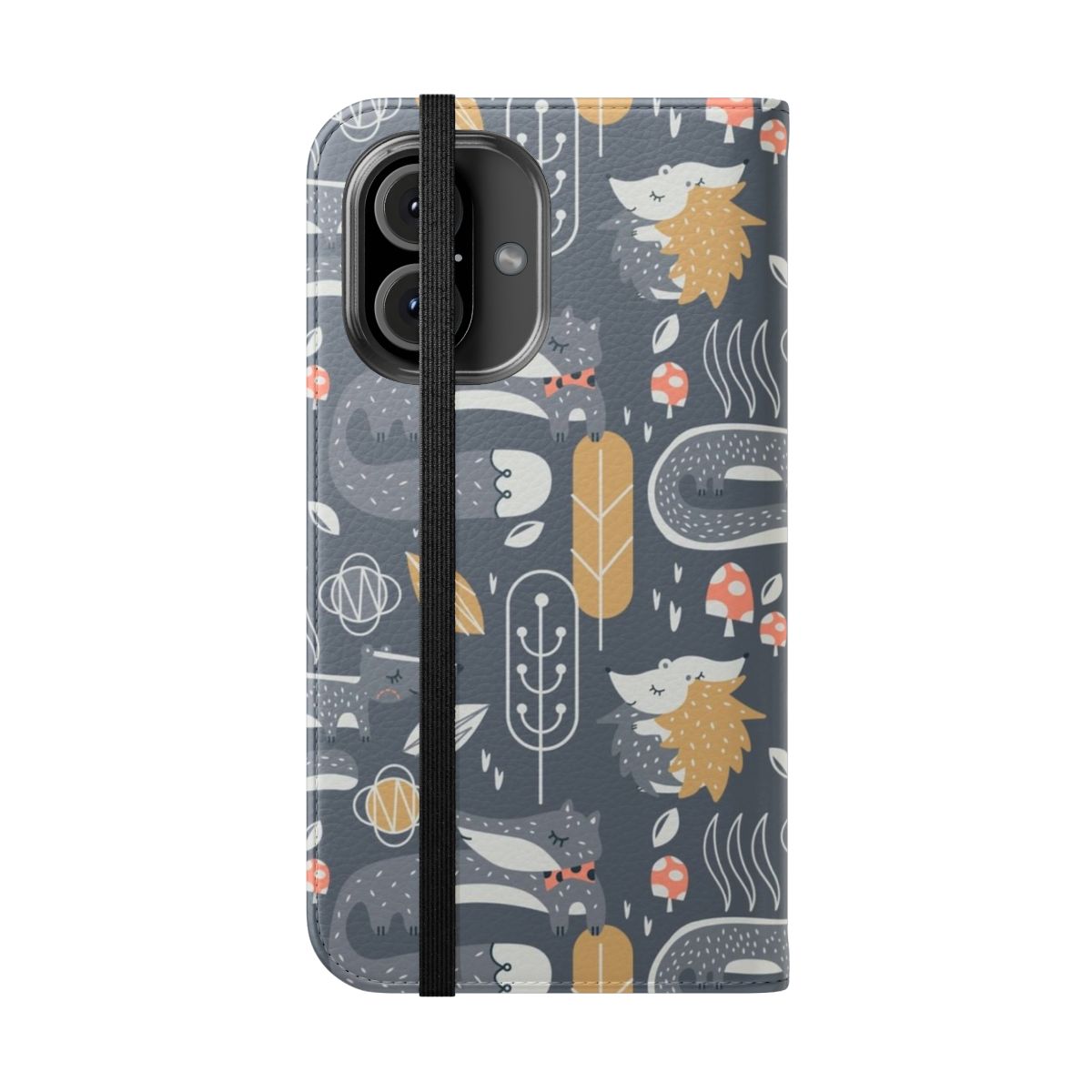 A forest-themed flip cover phone case featuring a repeating pattern of leaves, mushrooms, woodland animals, and bow ties. - Folded Front