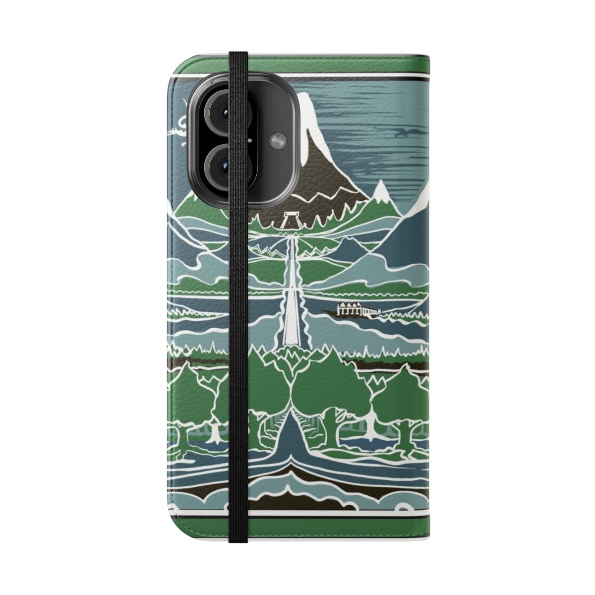 A flip cover phone case featuring a forest mountain path in the style of J.R.R. Tolkien's Middle-earth fantasy world. - Folded Front