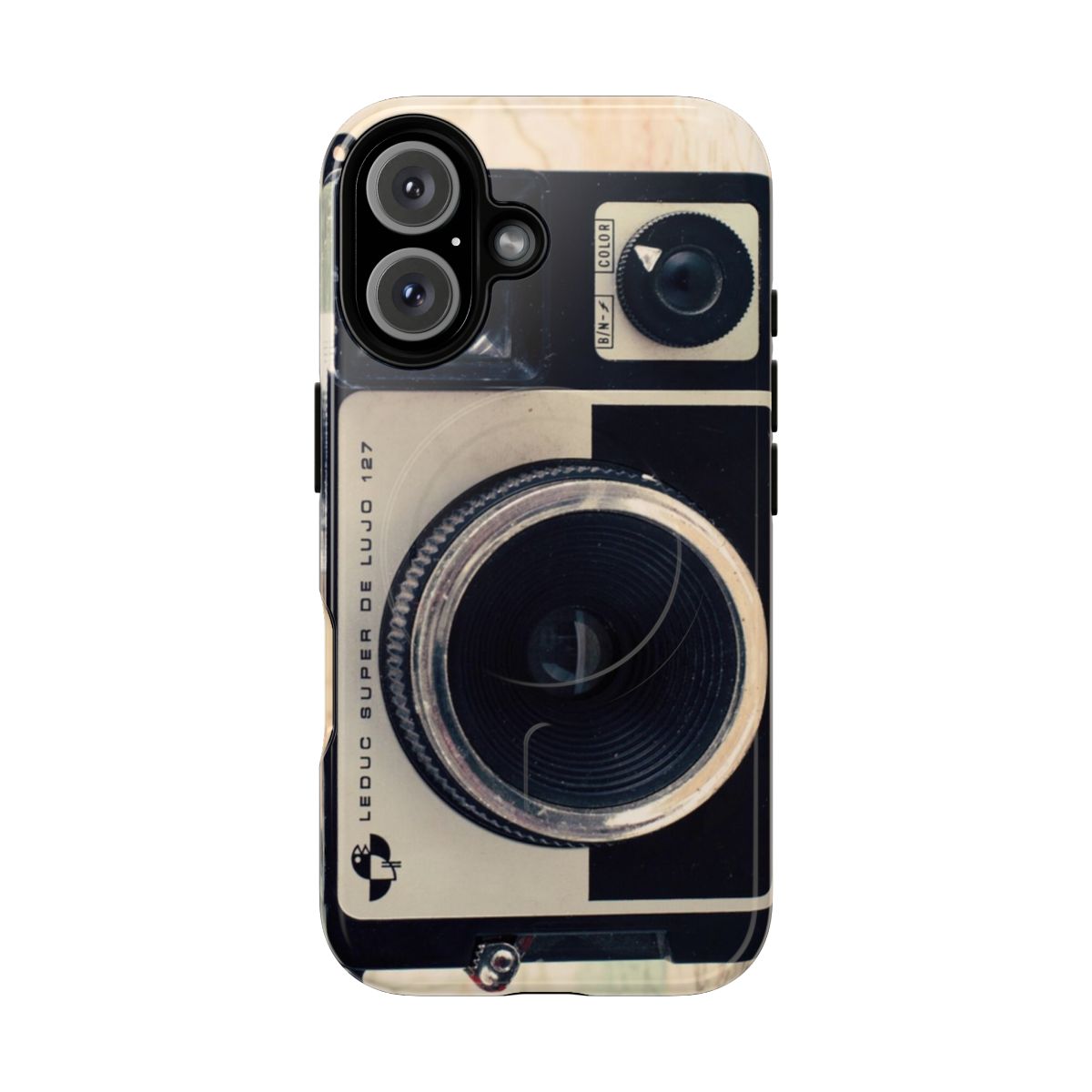 Vintage camera design on a beige patterned background for a durable, magnetic phone case