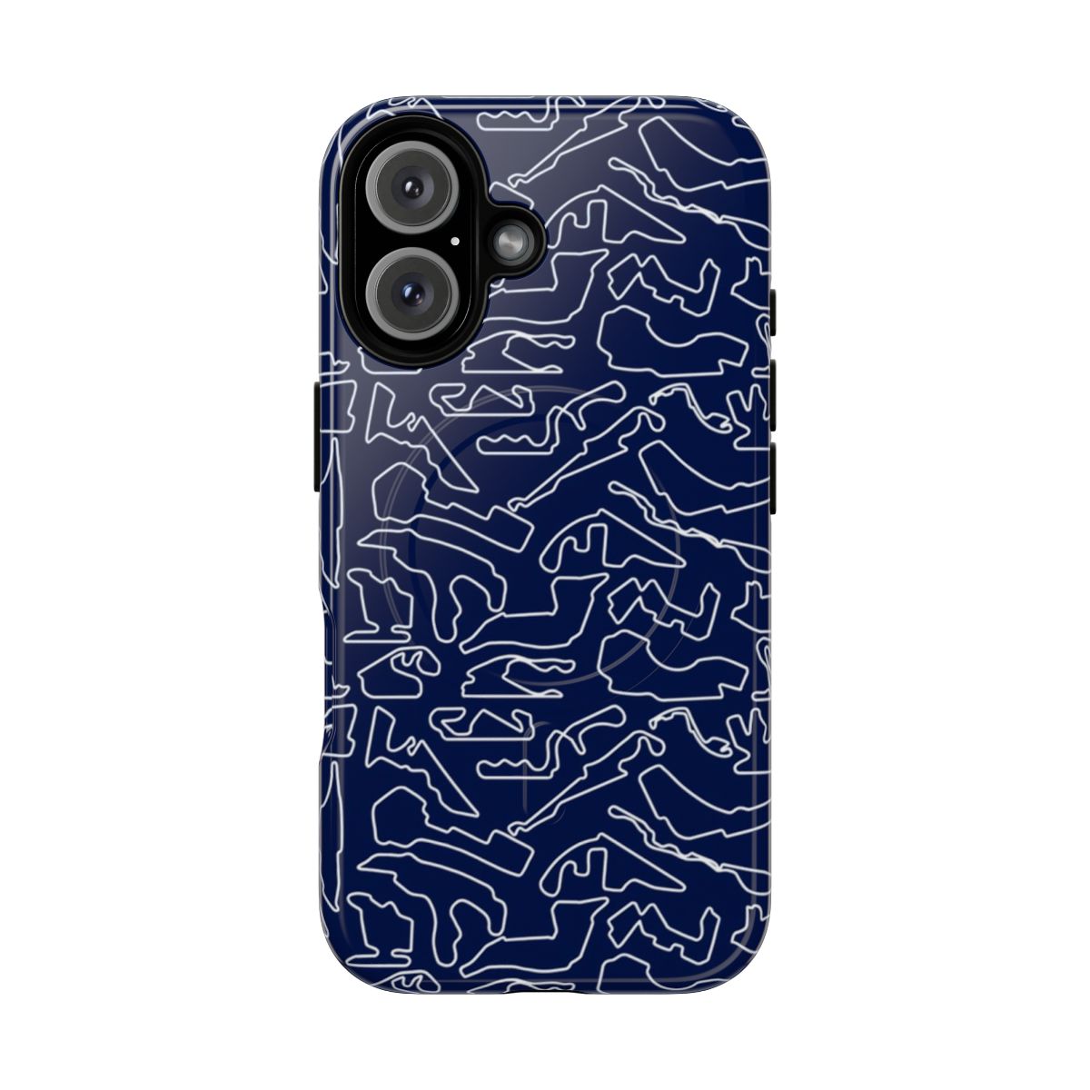 Dark blue magnetic tough phone case featuring F1 race track designs for formula one enthusiasts