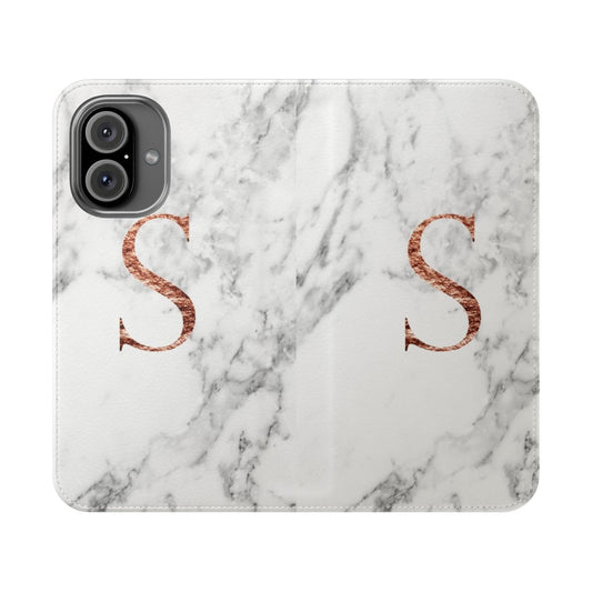 Personalized phone case with monogram letter S in rose gold and marble texture pattern