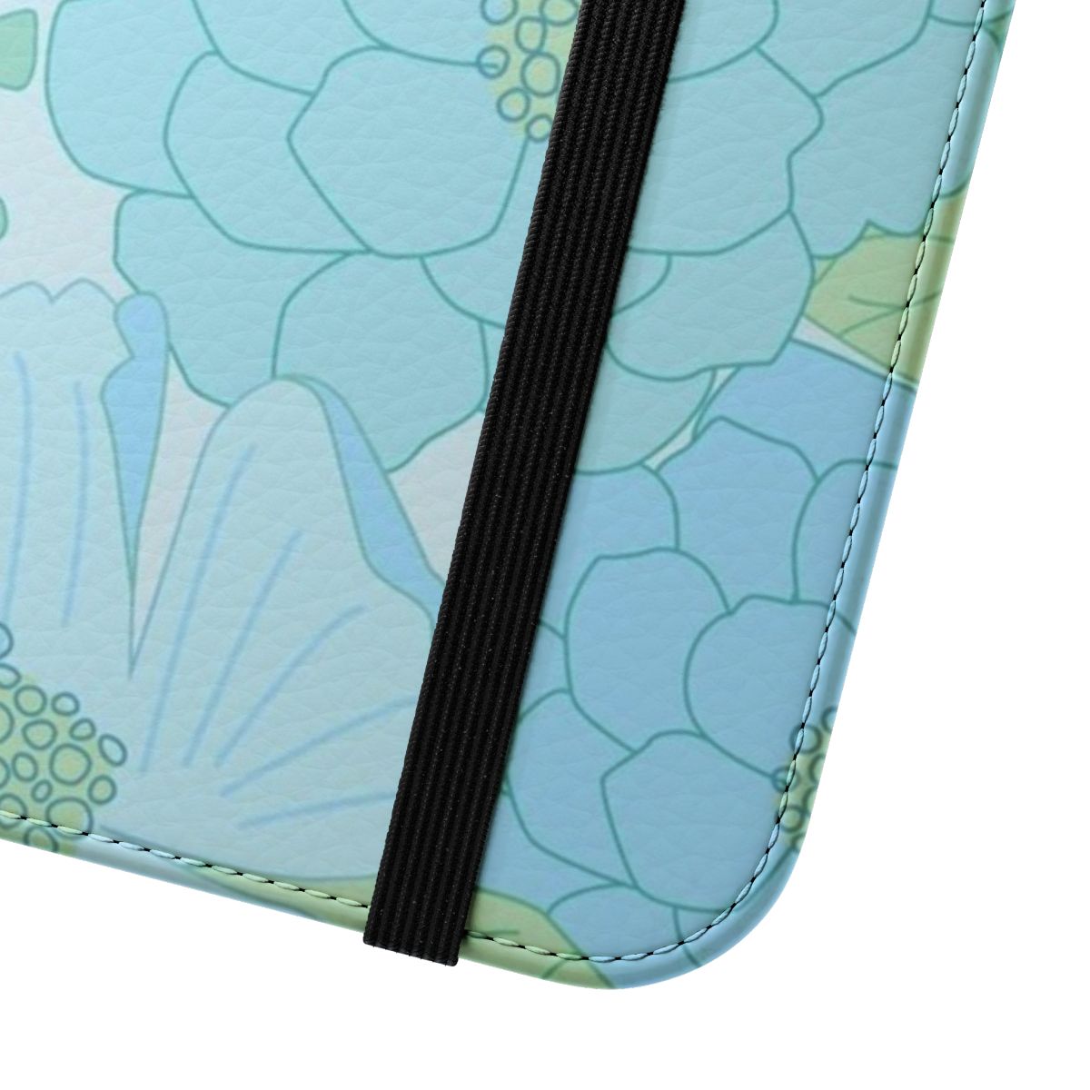 Vintage floral pattern in pastel blue and green colors on a flip cover phone case - Close Up