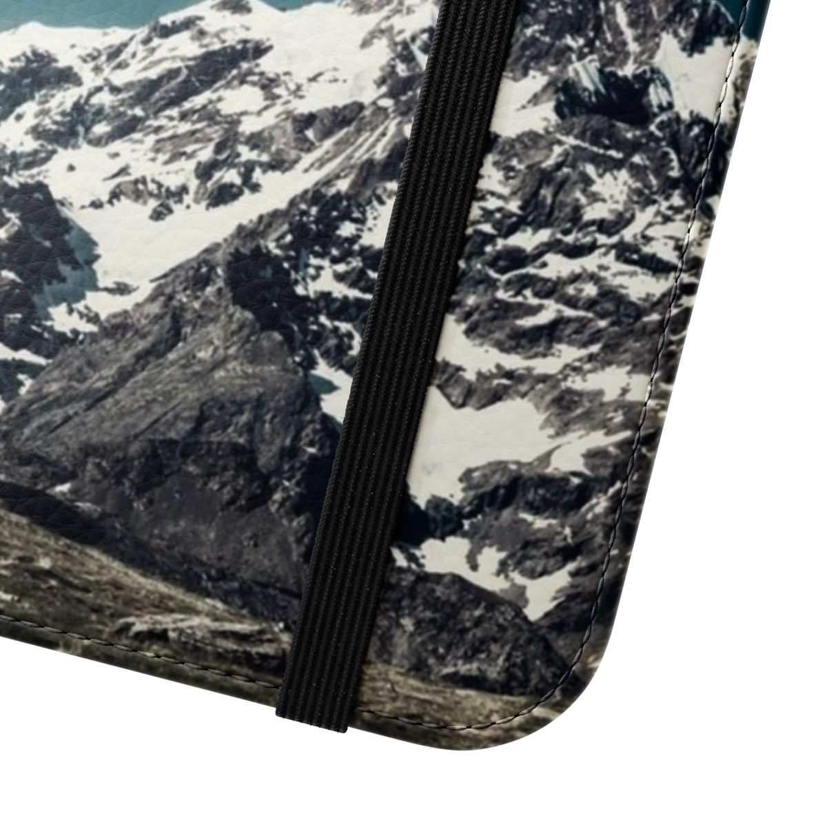 Mountain landscape flip cover phone case with snow-capped peaks, clouds, and rocky terrain - Close Up