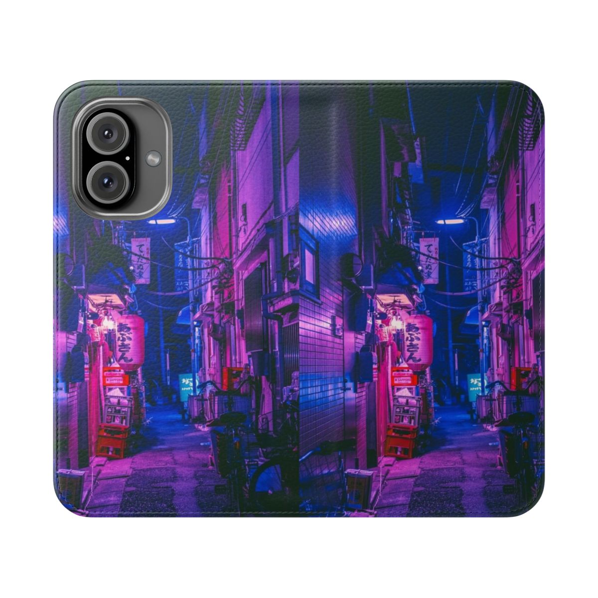 Futuristic phone case with neon lights and pastel colors, inspired by the cyberpunk aesthetic of Tokyo's alleyways.