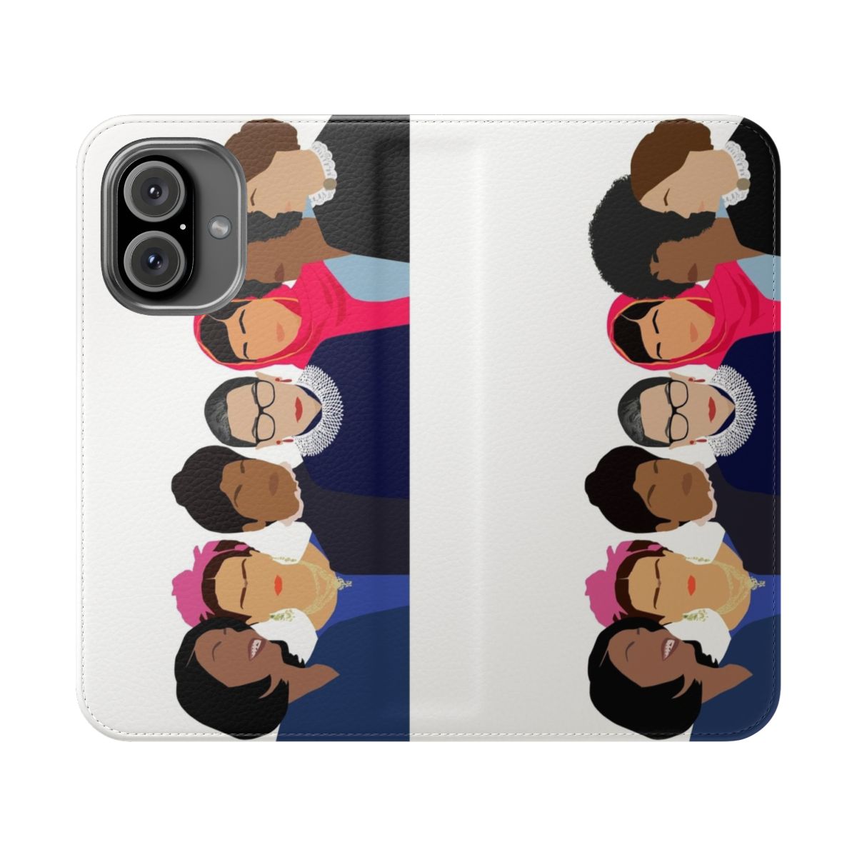 Feminist phone case with images of iconic women like Ruth Bader Ginsburg, Malala, and Frida Kahlo