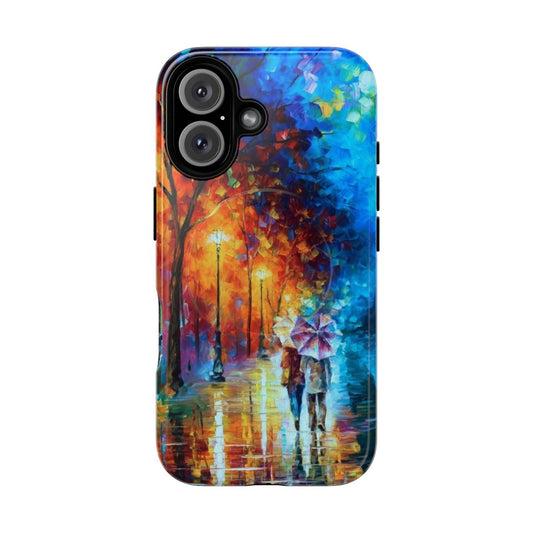 Vibrant phone case featuring a night cityscape with a lakeside view, inspired by the oil paintings of Leonid Afremov.