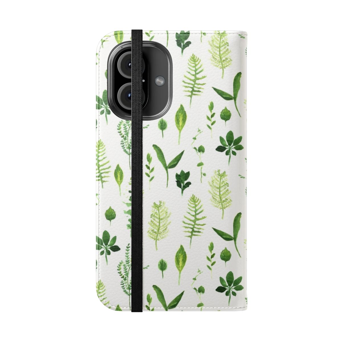 A beautiful phone case featuring a watercolor design of vibrant leaves and foliage. - Folded Front