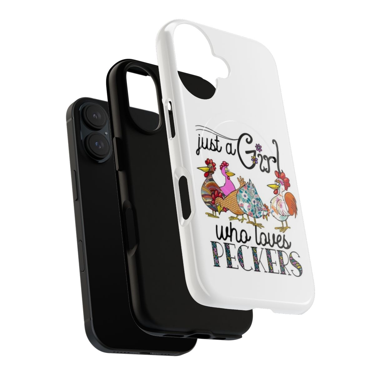 Colorful phone case featuring a "Just a Girl Who Loves Peckers" design with a funny chicken and farm animal theme. - Layers