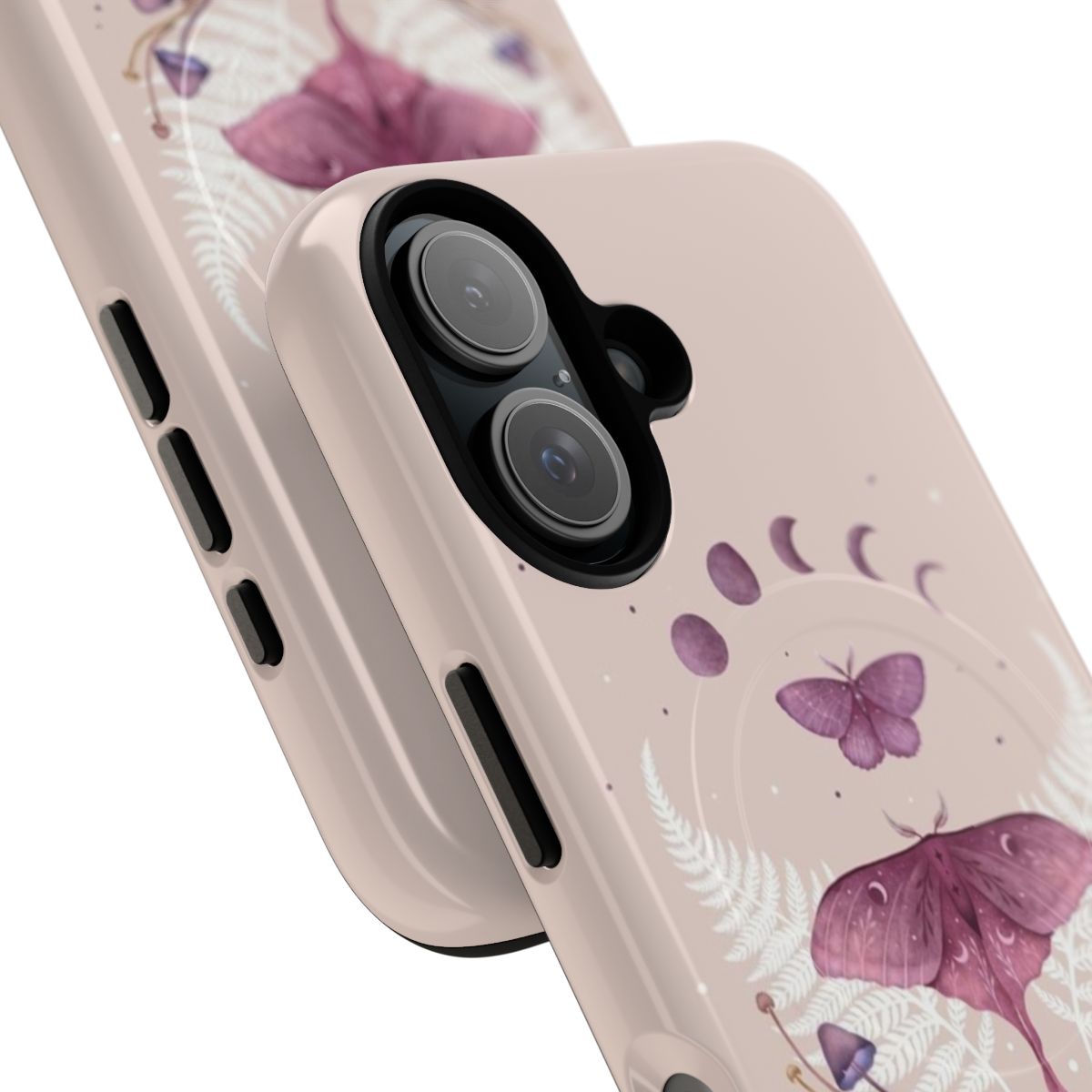 Pastel pink vintage phone case with moon, night garden, and moth design - Detail