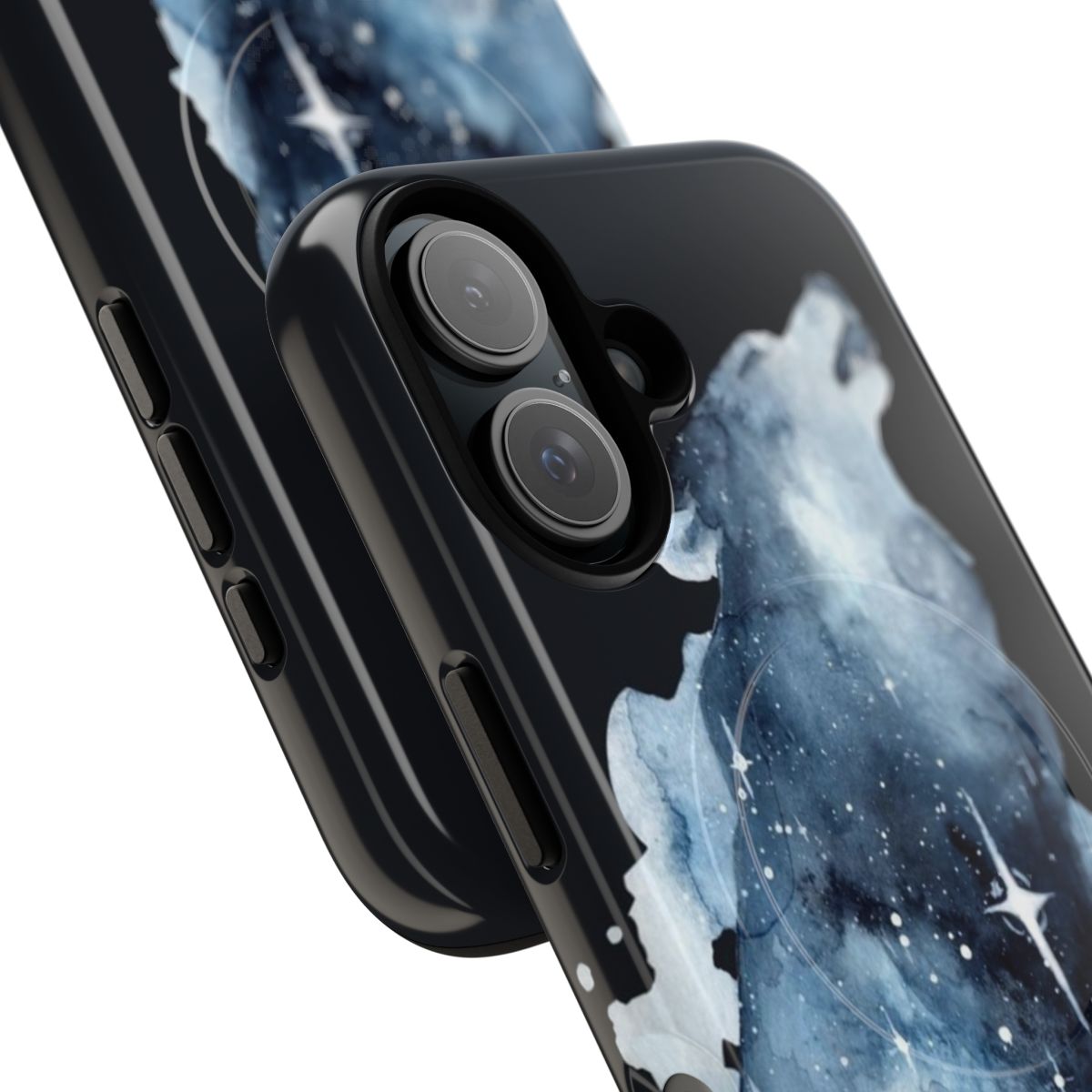 Magnetic phone case featuring a watercolor design of a howling wolf against a starry night sky - Detail