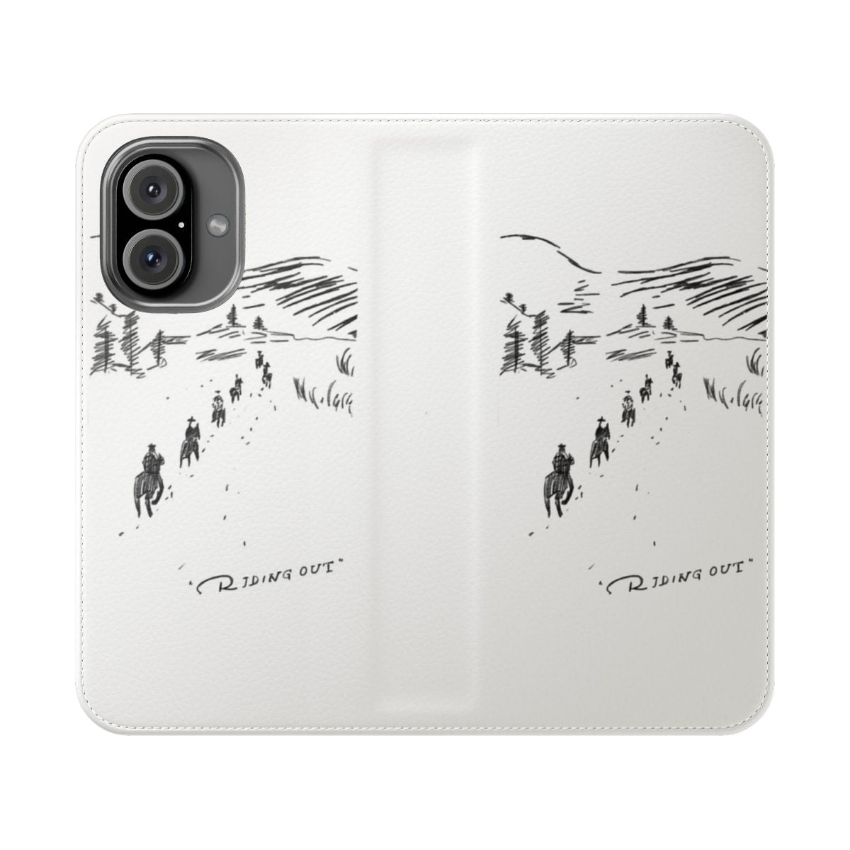 A stylish flip phone case with a lineless western-inspired design, featuring character art from the Red Dead Redemption video game series.