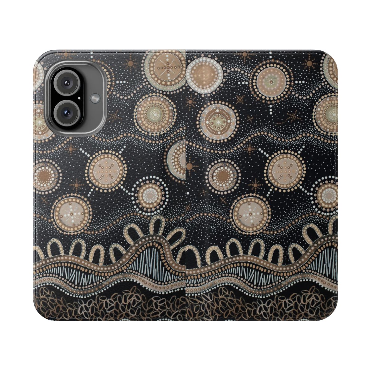 Aboriginal-inspired phone case featuring detailed, earthy-toned dot painting designs