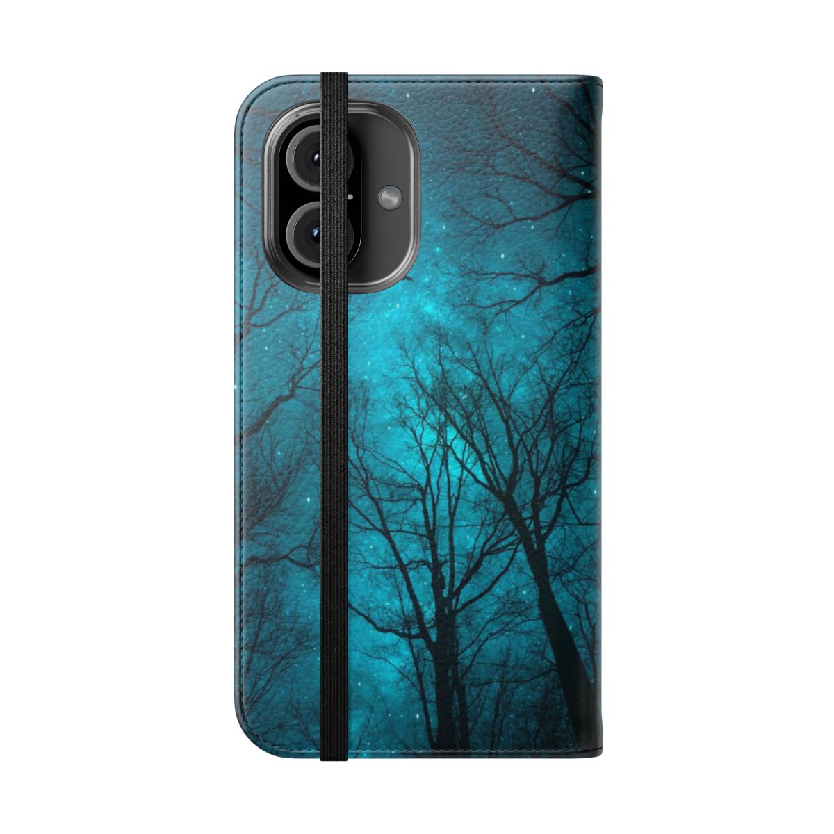 Mint teal and galaxy-inspired abstract design phone case with silhouetted trees - Folded Front