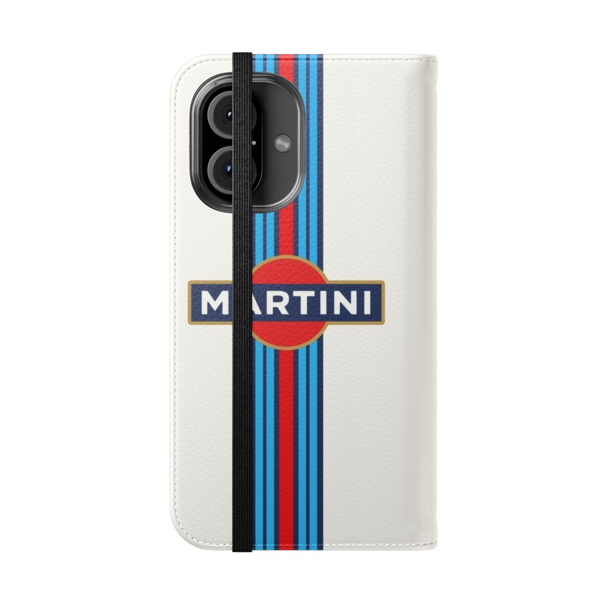 Martini racing inspired phone case with a sporty and stylish flip cover design - Folded Front