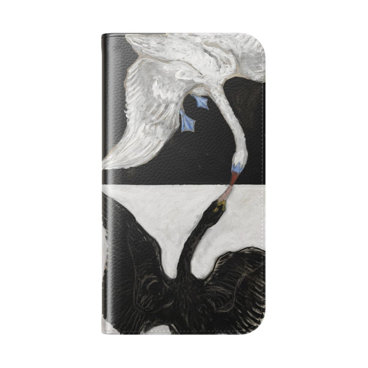 Flip cover phone case featuring the painting "The Swan" by Hilma af Klint, with a monochromatic bird design in a modern, minimalist style. - Folded Back