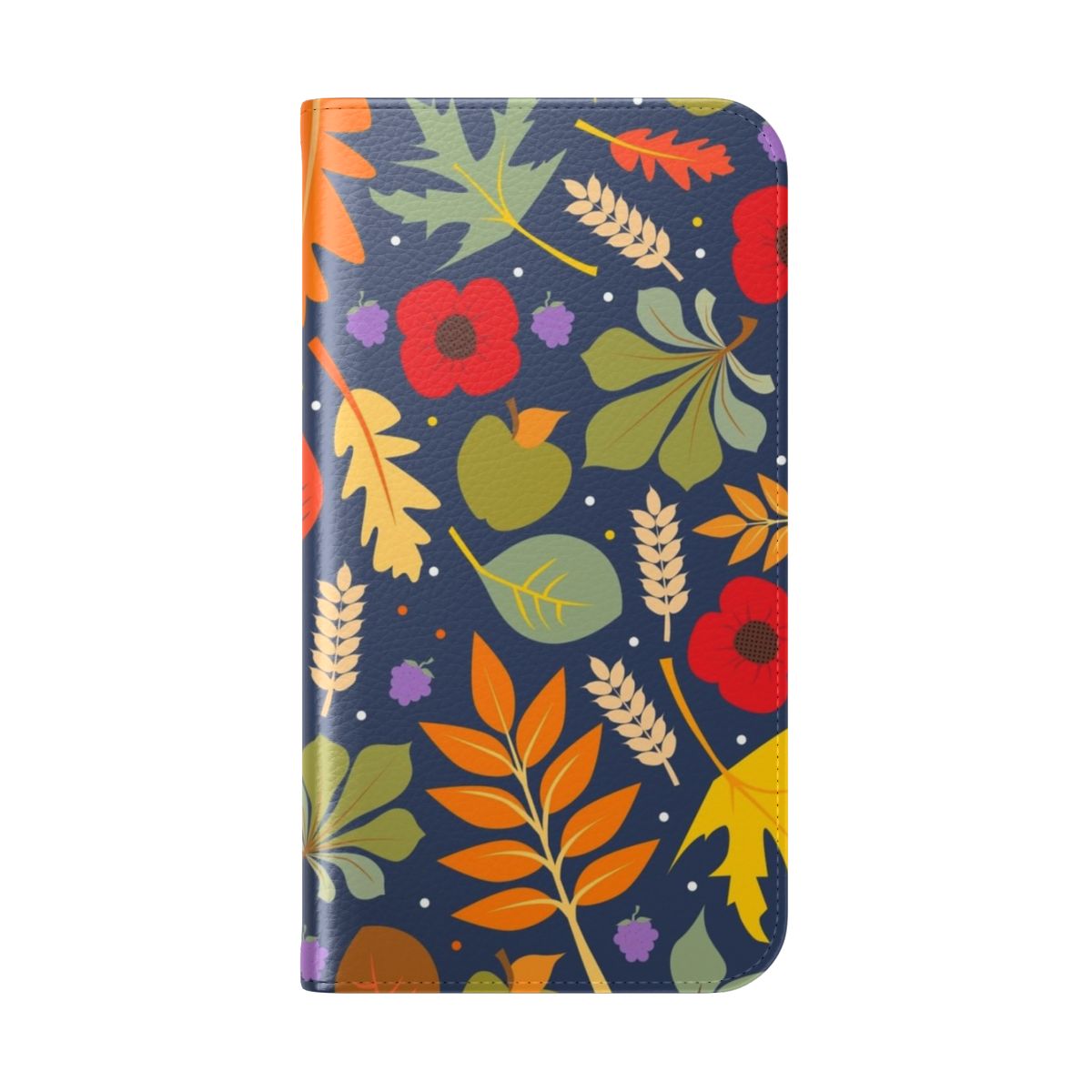 Autumn leaves, flowers, and fruit design on a flip cover phone case - Folded Back