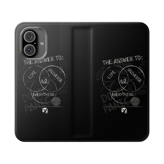 Hitchhiker's Guide to the Galaxy inspired flip cover phone case featuring the iconic '42' and 'Don't Panic' design