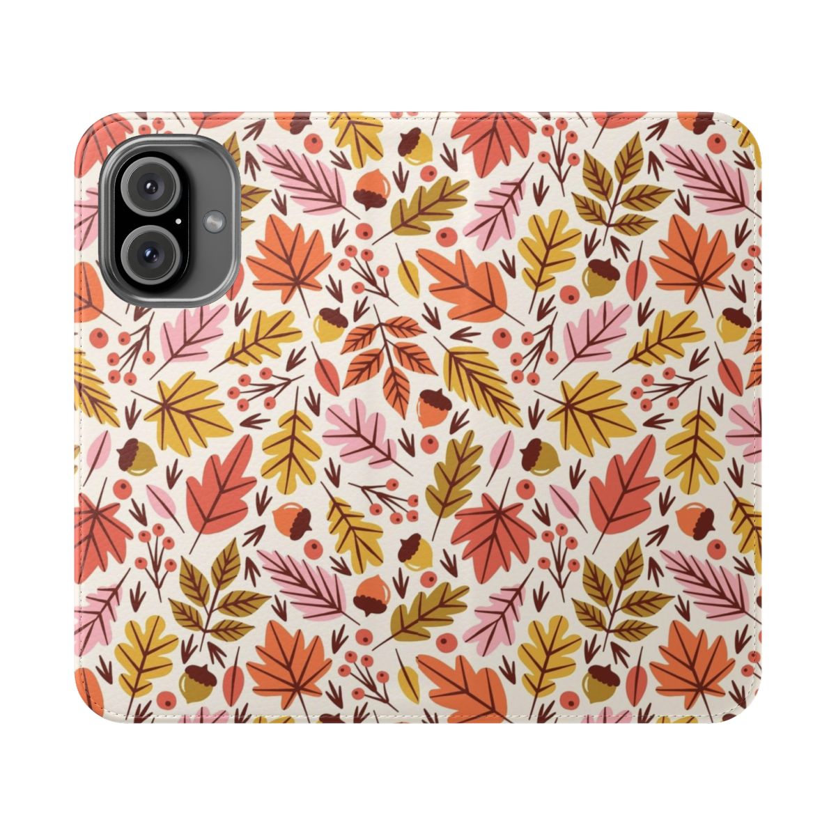 A phone case featuring a design of colorful autumn leaves and acorns against a pink and orange background.