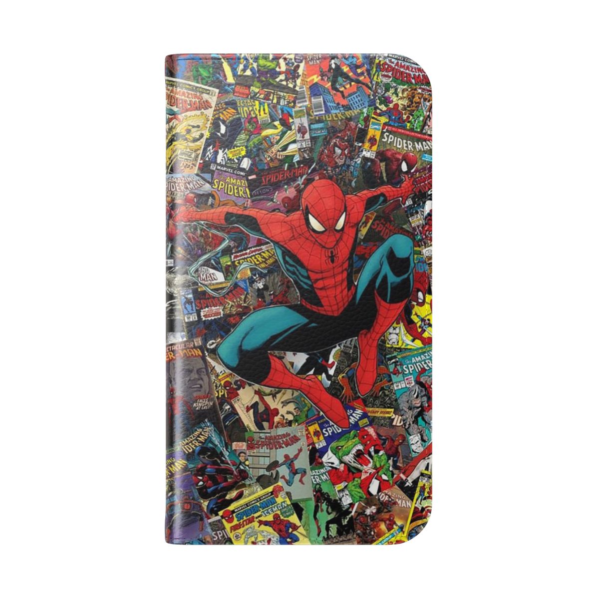 Vibrant phone case featuring a spider-themed design for comic and movie enthusiasts - Folded Back