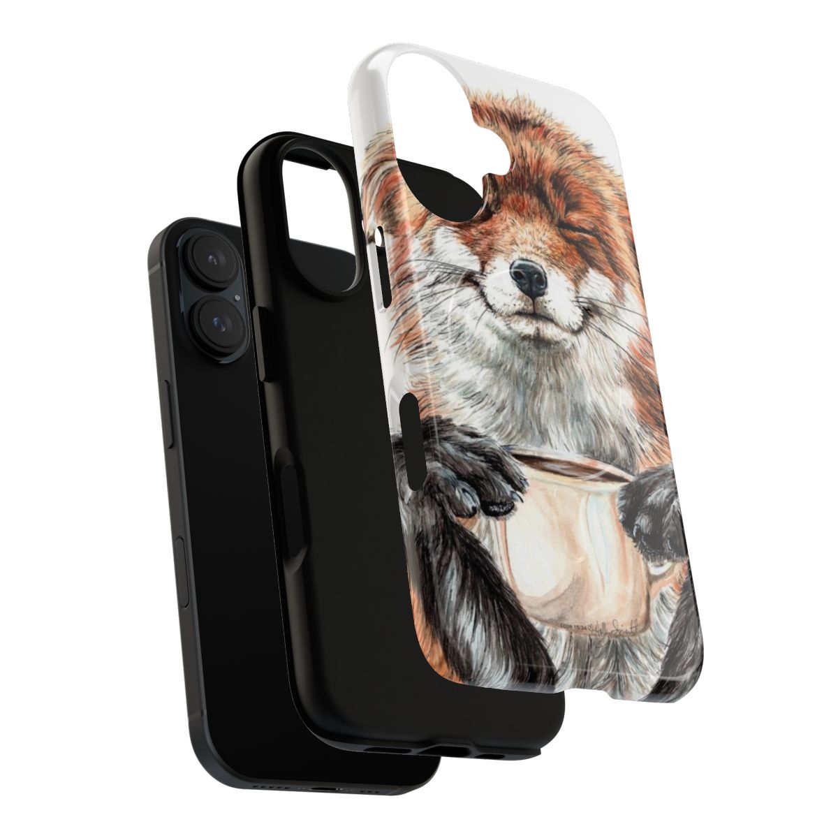 Magnetic Tough Phone Case featuring a cute illustration of a red fox with a cup of coffee. - Layers