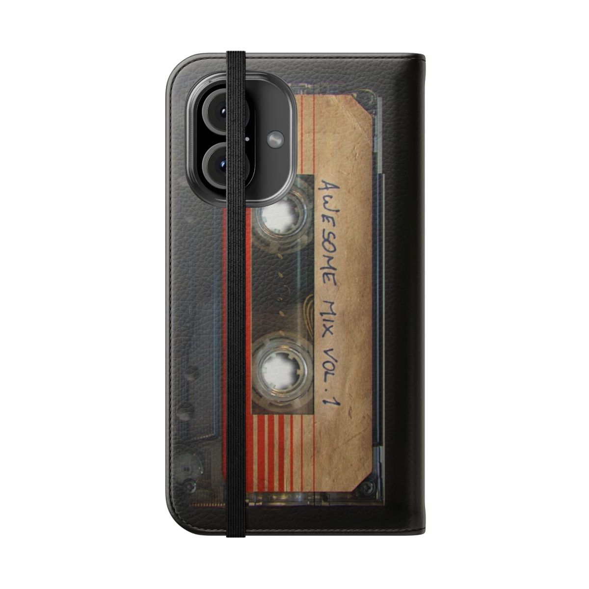 Retro-styled flip cover phone case with Guardians of the Galaxy "Awesome Mix" cassette tape design - Folded Front