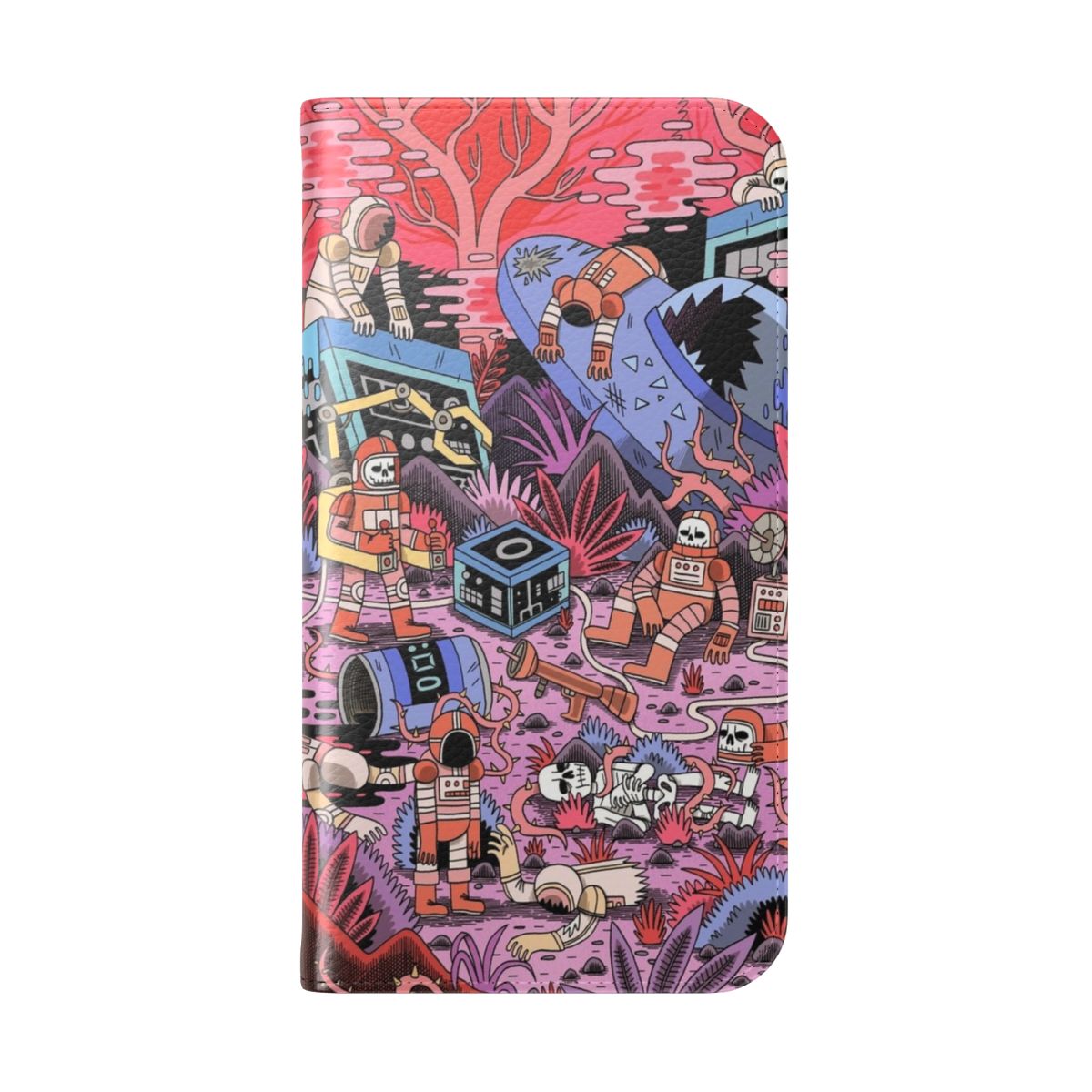 Chaos Flip Cover Phone Case with astronaut, skull, and ufo graphic - Folded Back