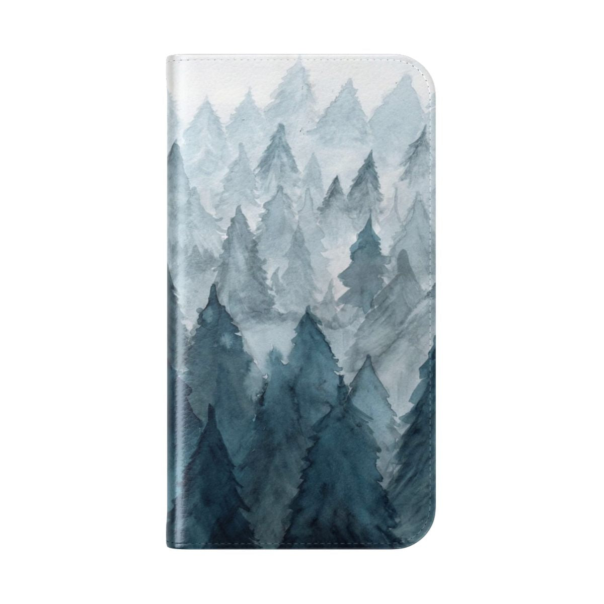 A clear phone case with a beautiful watercolor winter forest scene design. - Folded Back