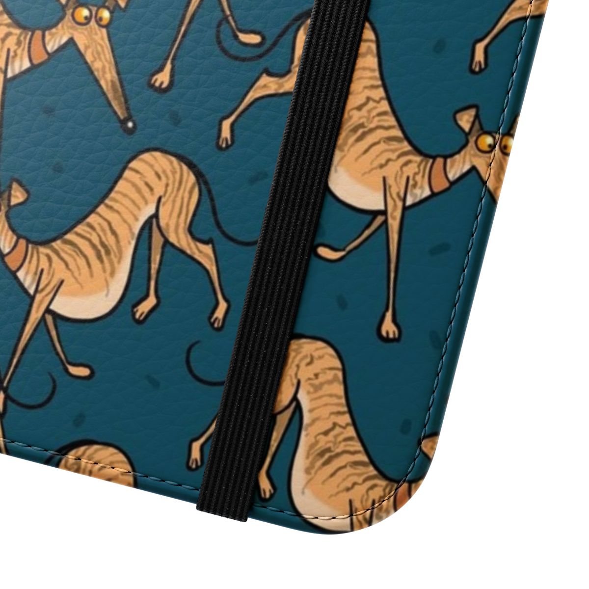 A colorful cartoon-style brindle greyhound, whippet, or lurcher dog on a flip cover phone case. - Close Up