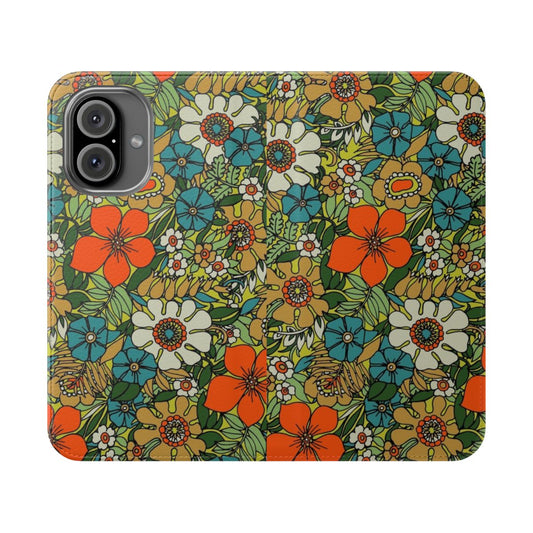 A vintage-style flip cover phone case featuring a colorful floral and tropical design, inspired by the 1970s.