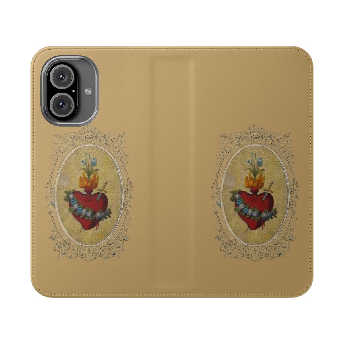 Flip cover phone case featuring a sacred heart of mary design