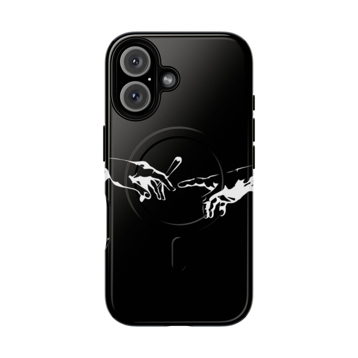 Minimalist white lineart design of Michelangelo's famous "Creation of Adam" painting on a phone case.