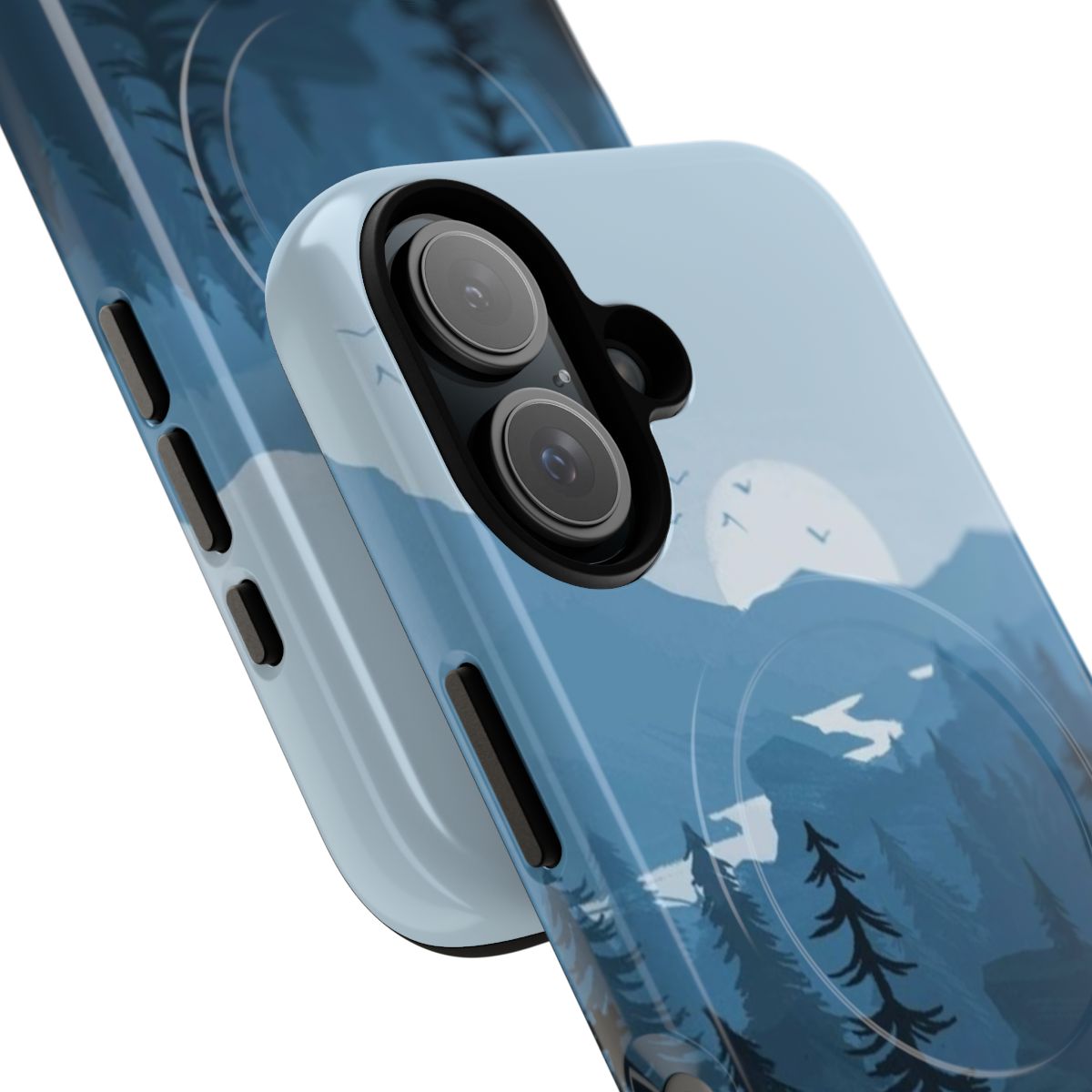 A digital art-inspired phone case featuring a scenic Firewatch-style landscape with a blue color palette and mountains in the background. - Detail