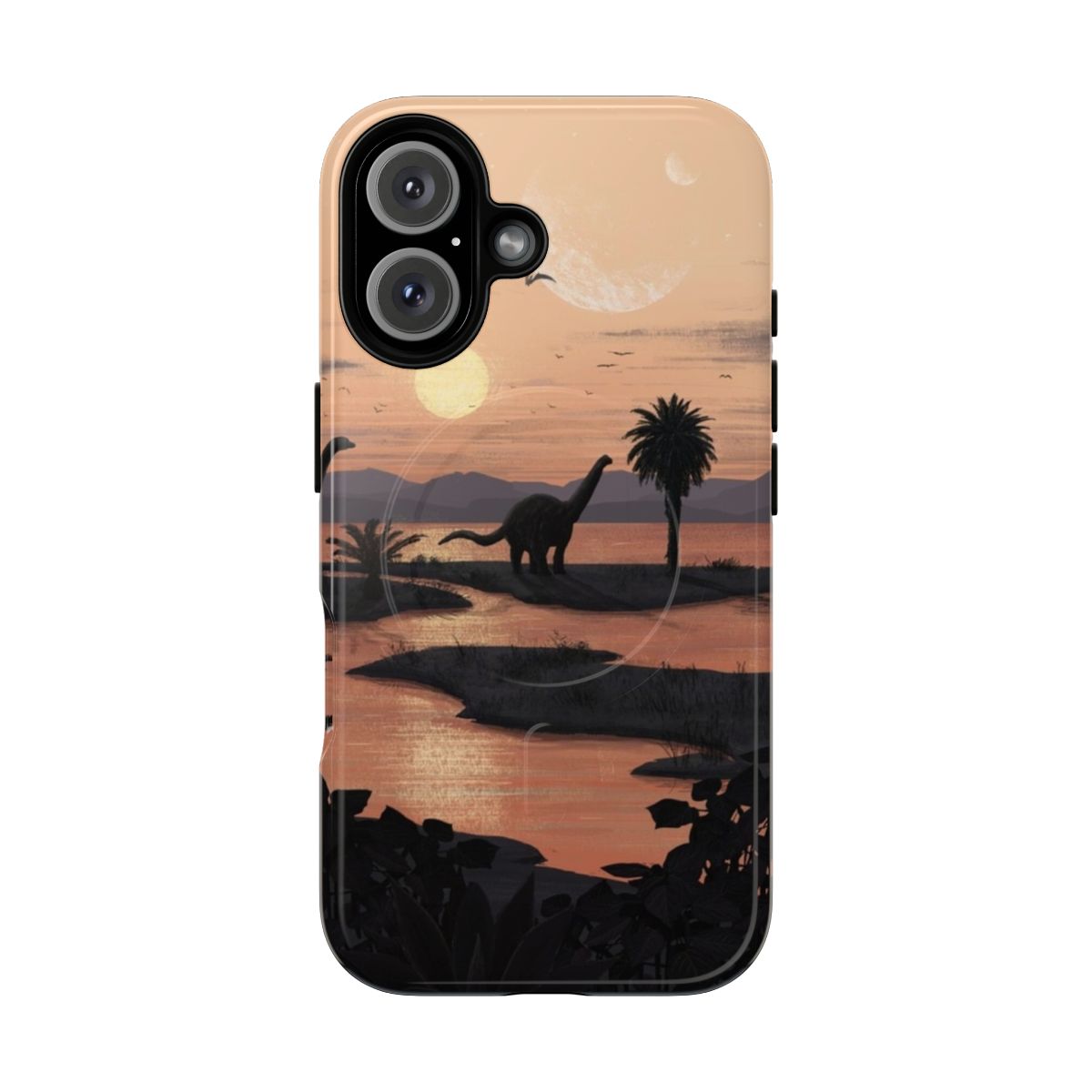 Jurassic beach phone case featuring a dinosaur and nature landscape design