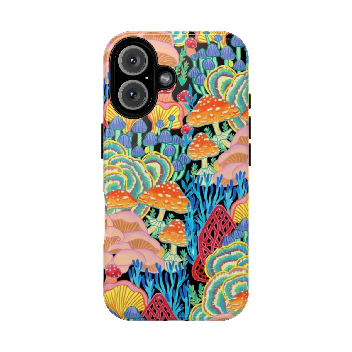 Artistic watercolor-style image of a mushroom and nature pattern on a phone case