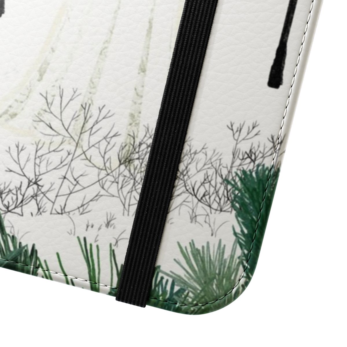 A flip cover phone case featuring a winter landscape with holly, pine, and ghostly elements. - Close Up