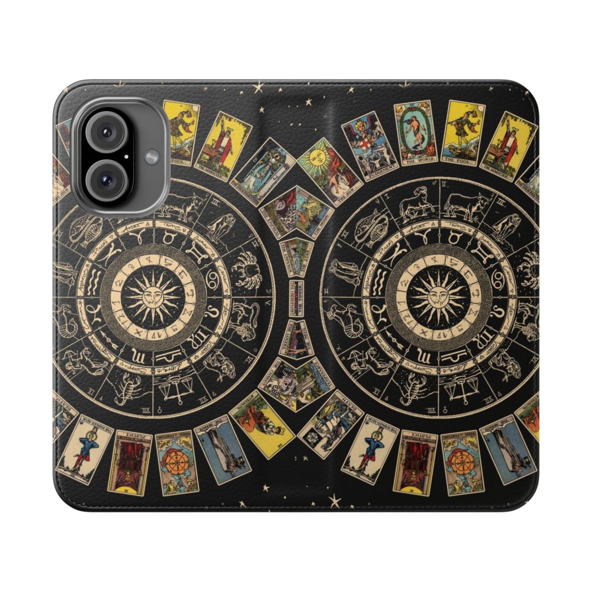 Flip phone case featuring the zodiac wheel, astrology chart, and major arcana tarot imagery.