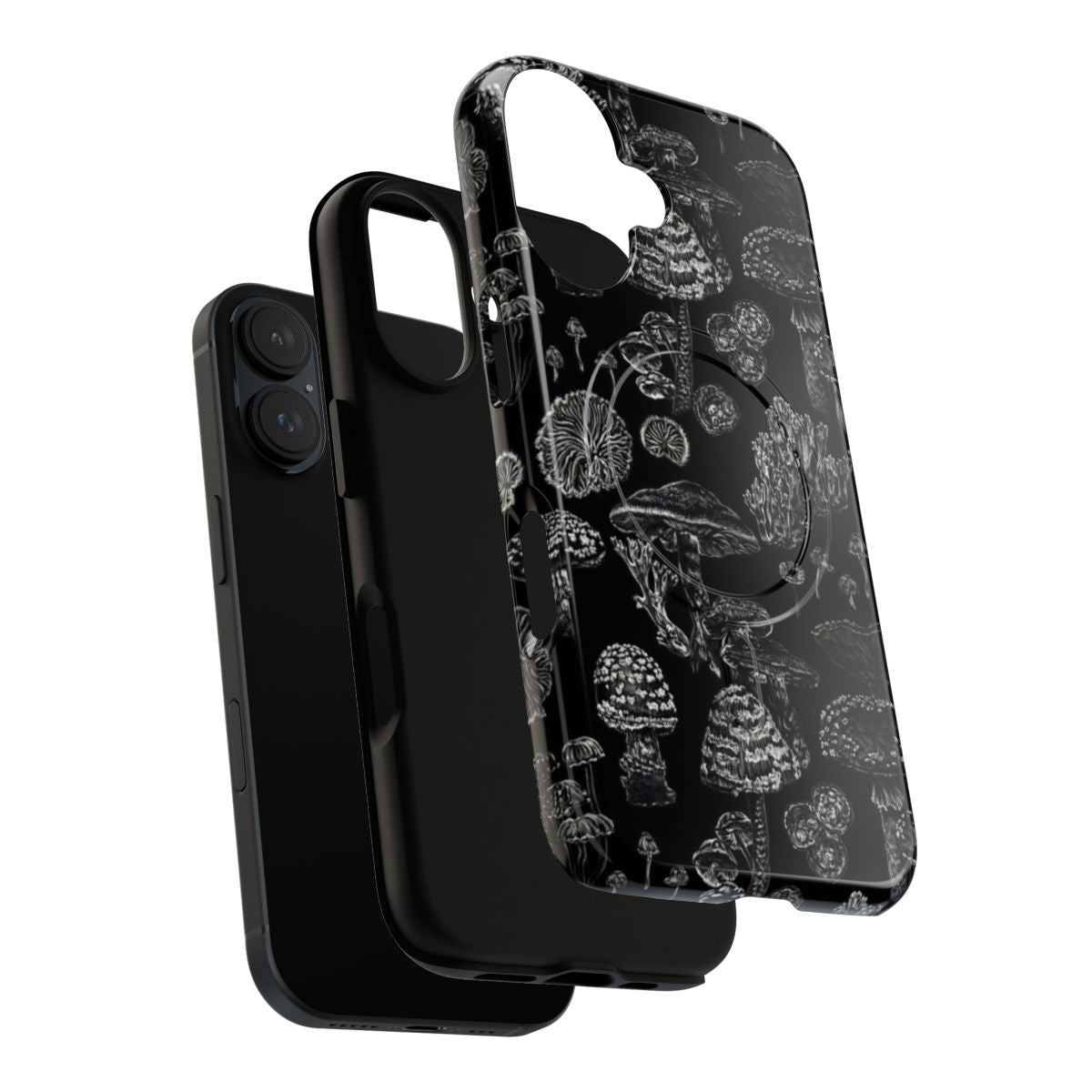 A black and white phone case with a detailed mushroom pattern, perfect for nature and goth fashion lovers. - Layers