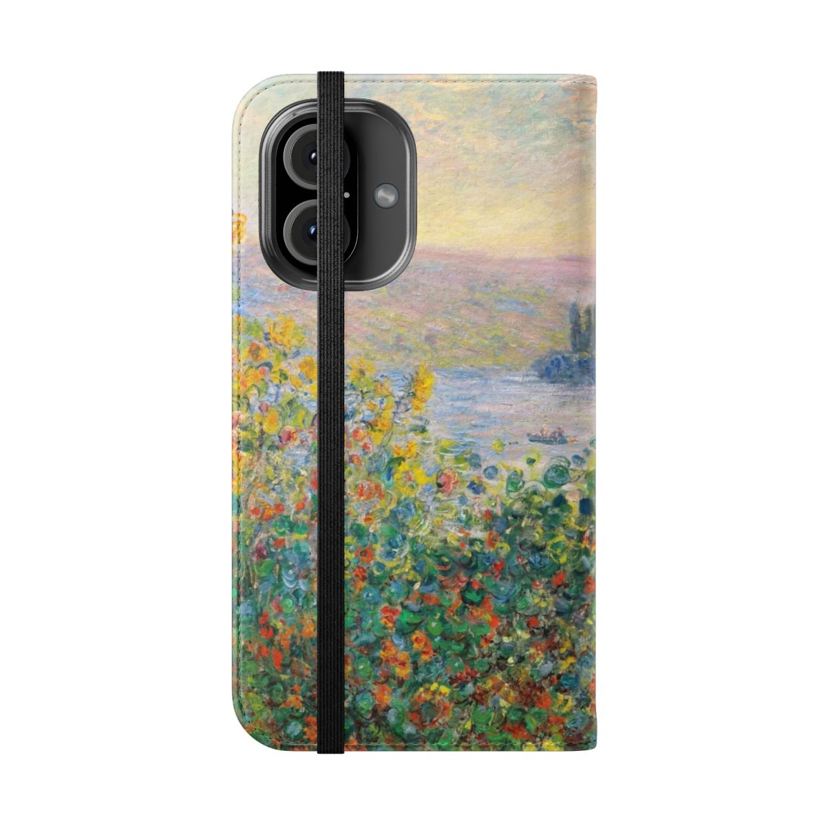 Monet-style impressionist painting of flower beds in a soft, pastel color palette on a phone case - Folded Front