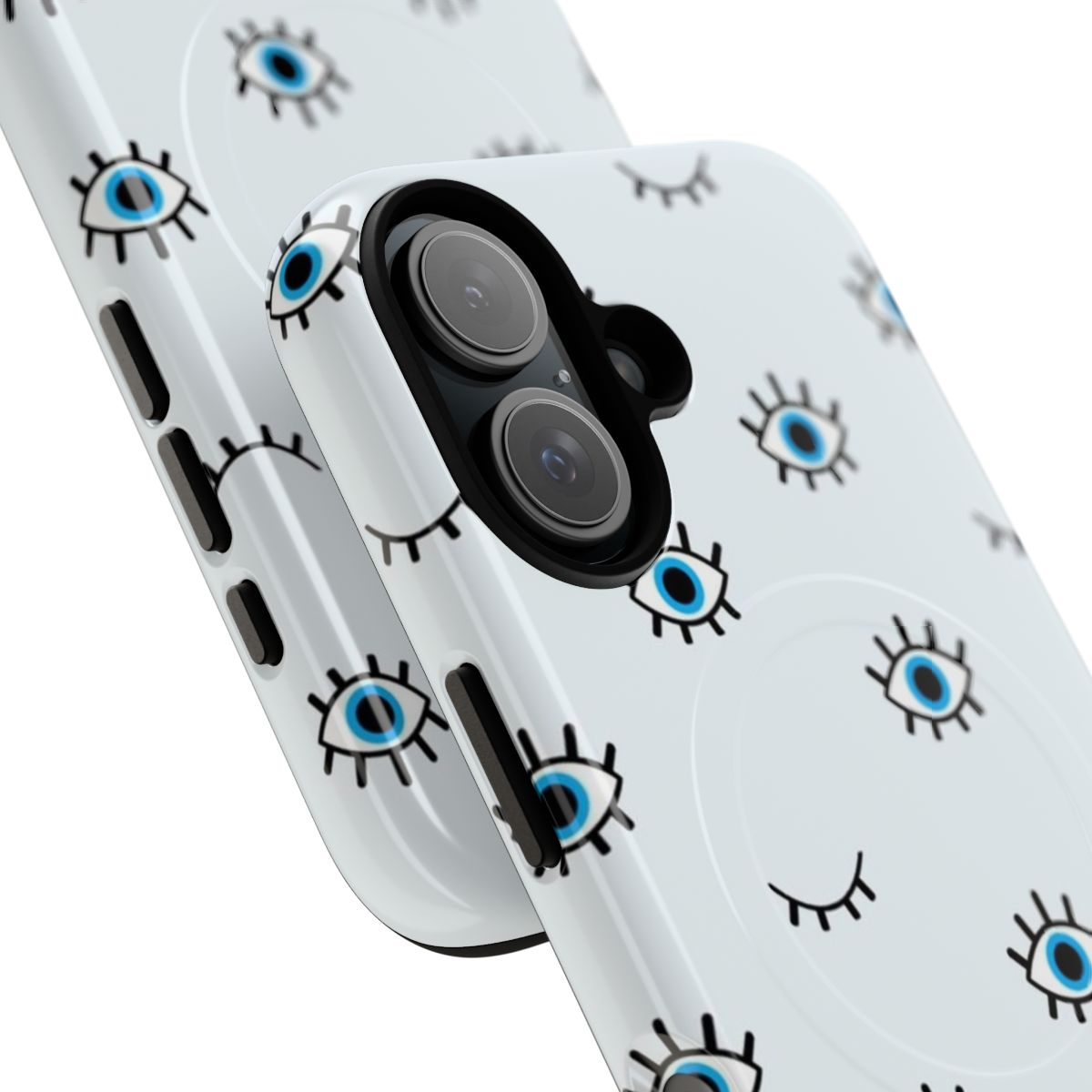 A blue minimalist eye design on a magnetic protective phone case. - Detail